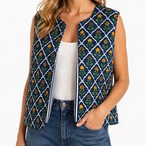 Japna Quilted Open Front Vest Reversible Floral Striped 100% Cotton L Cottage